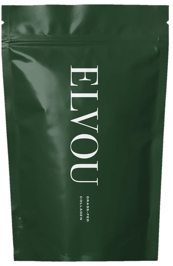A dark green pouch of Elvou grass-fed collagen