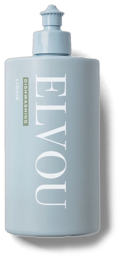 A light blue bottle of Elvou dishwashing liquid