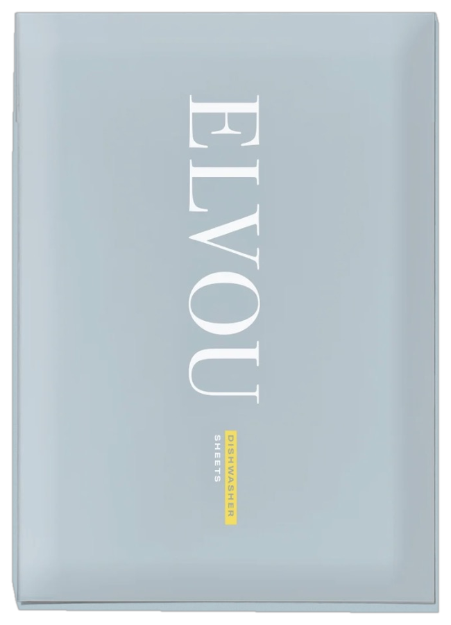 A light blue sachet of Elvou dishwasher sheets