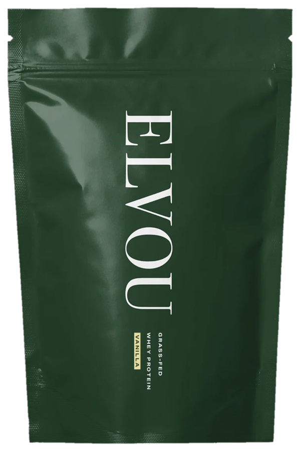 A dark green pouch of Elvou grass-fed whey protein