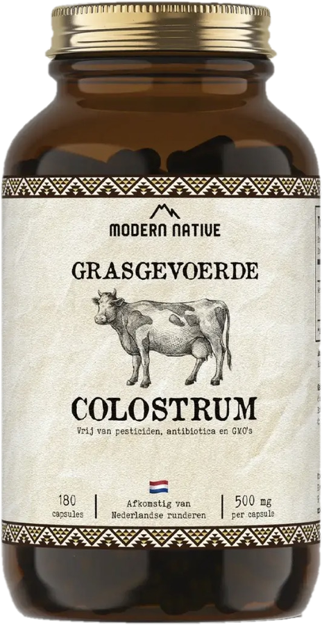 Een bruine glazen pot grasgevoerde colostrum van Modern Native