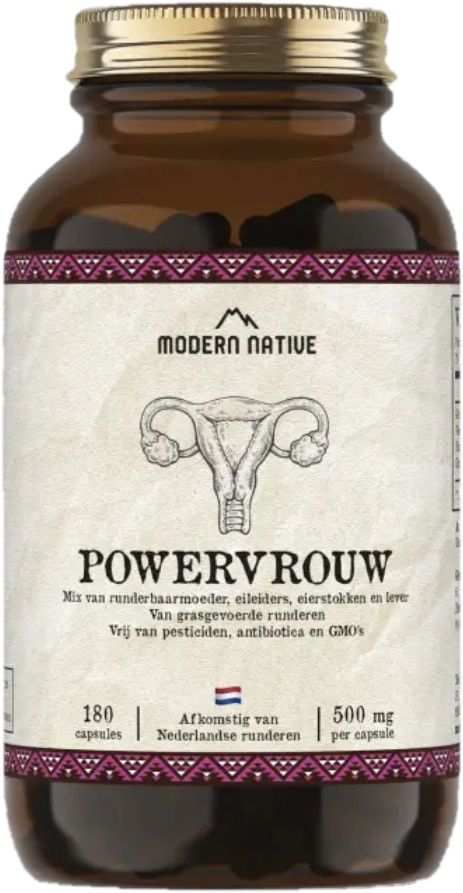 Een bruine glazen pot Powervrouw van Modern Native
